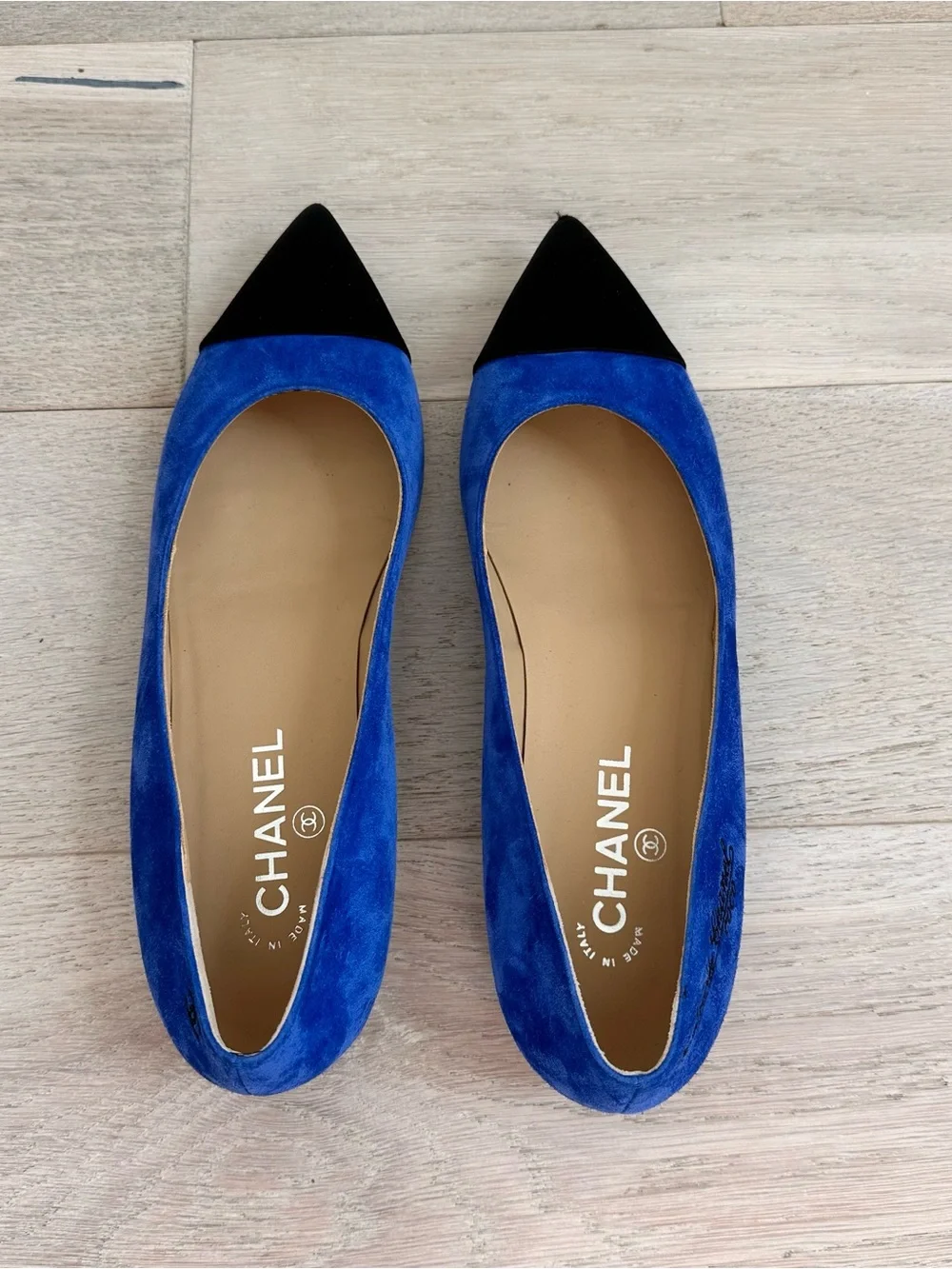 CHANEL Royal Blue Suede Pointed Flats with Black Satin Toe